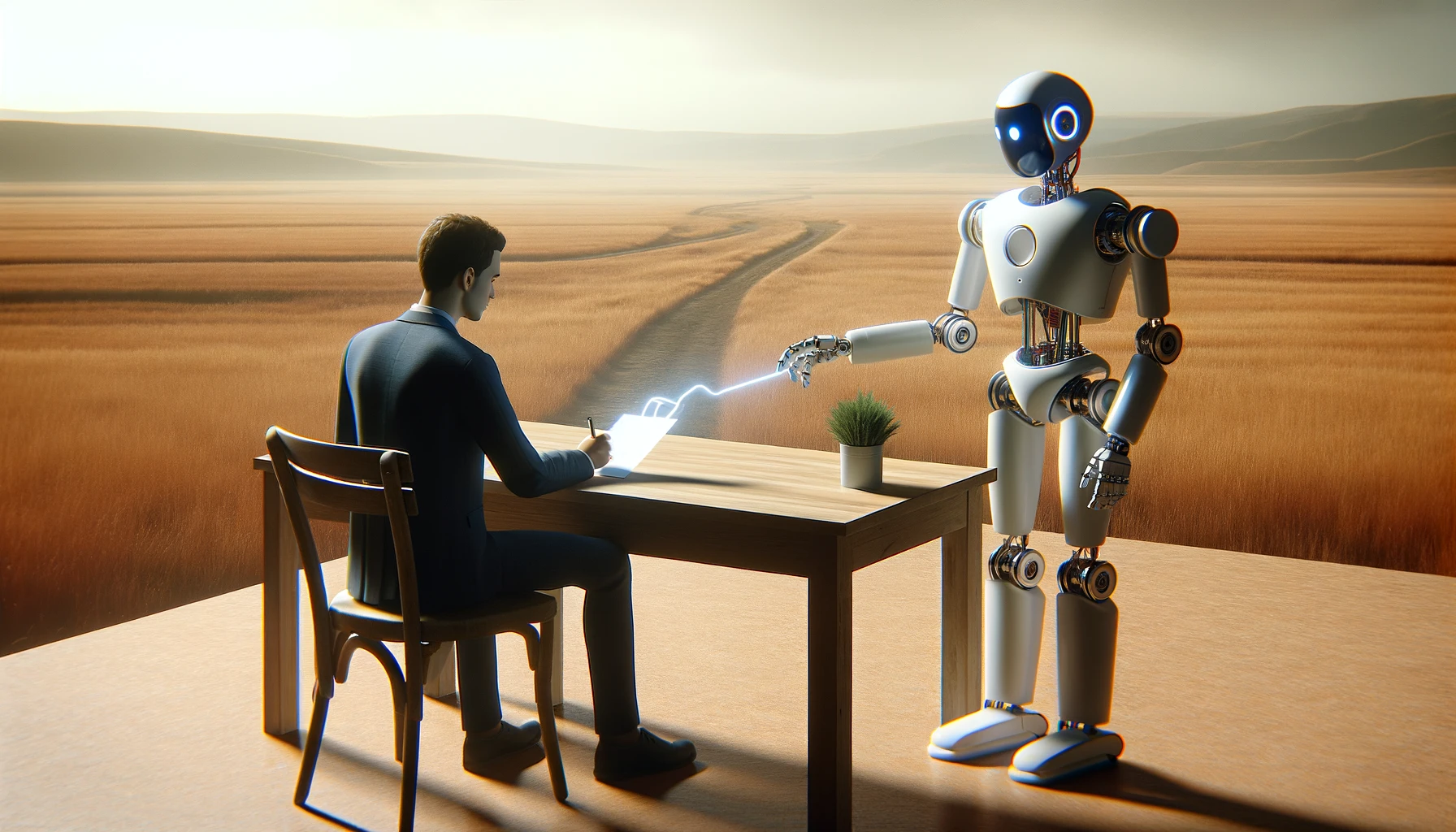 Robot and Man signing a contract